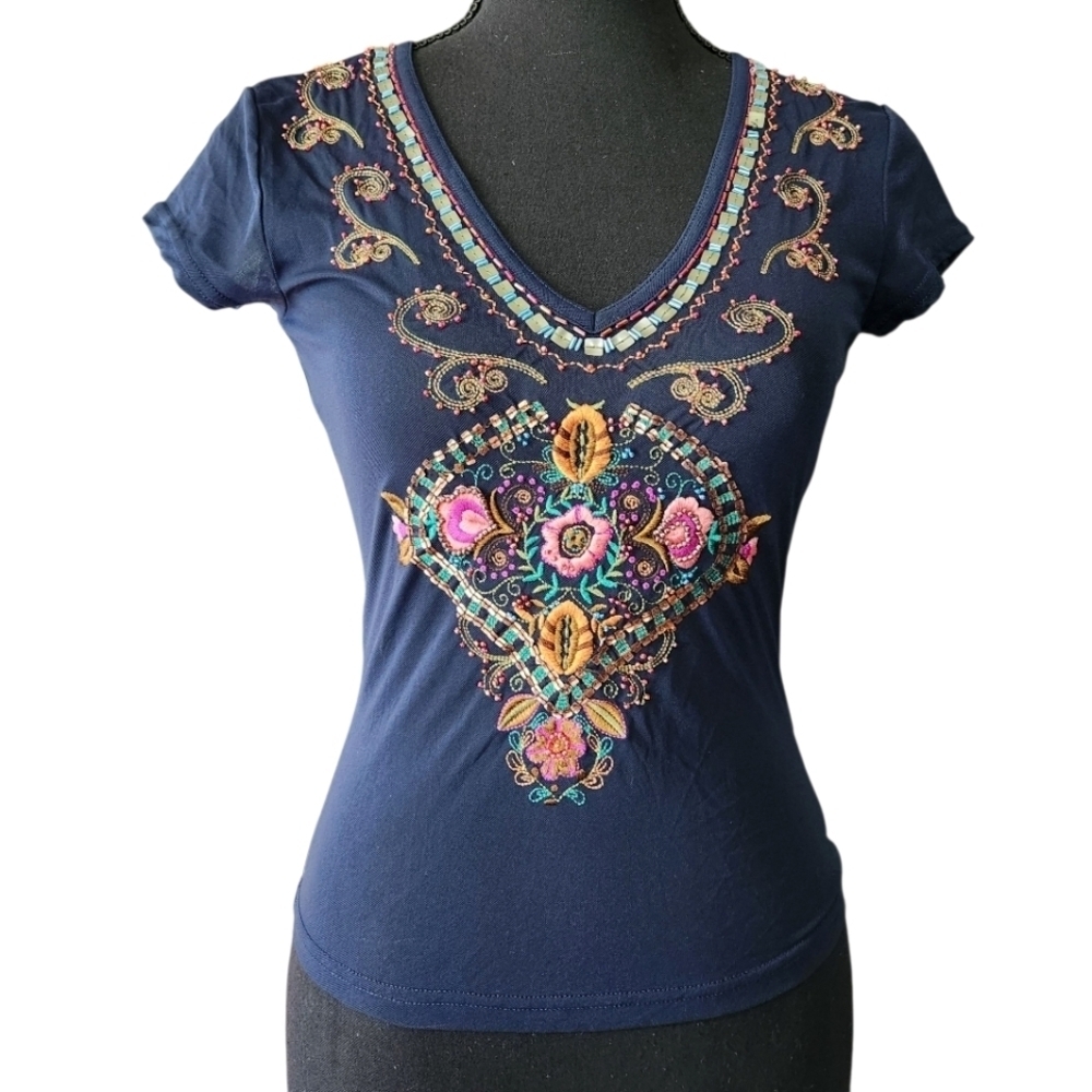 2010S Express Mesh Navy Floral Embroidered Beaded Top Sz XS